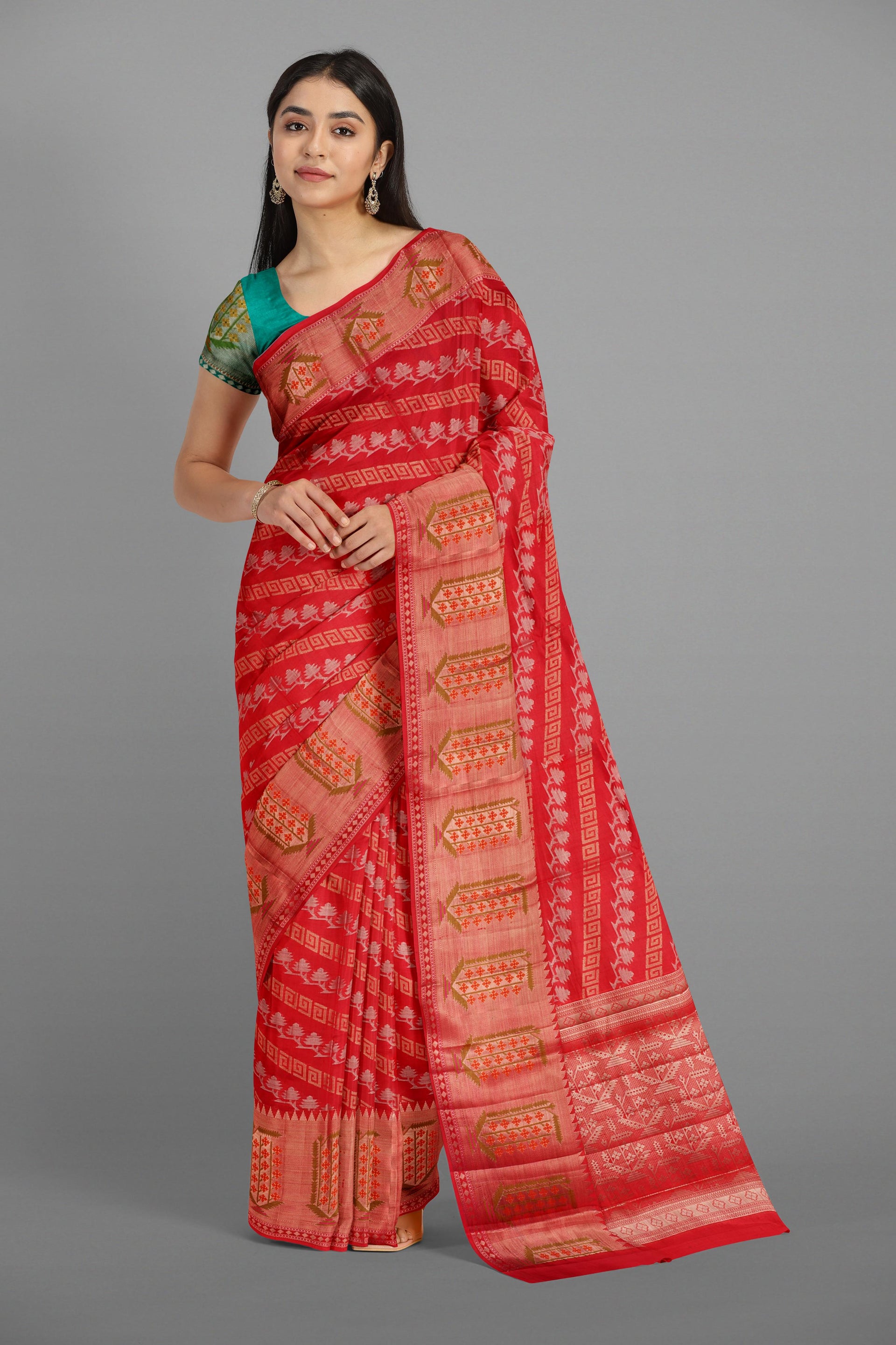 RED and GOLD JAAL CHINIYA SILK Saree with BANARASI