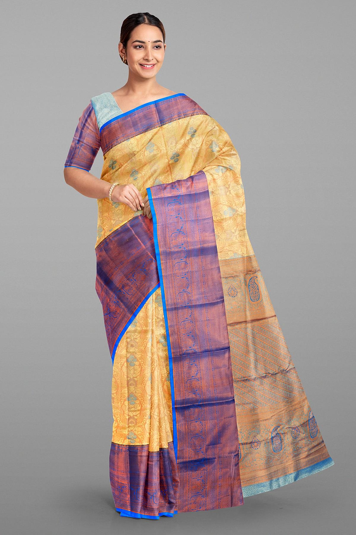 PEACH and BLUE BROCADE SILK Saree with KANCHIPURAM