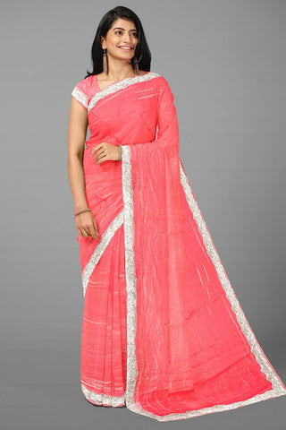 DARK PINK and SILVER SOLID GLASS KORA Saree with FANCY