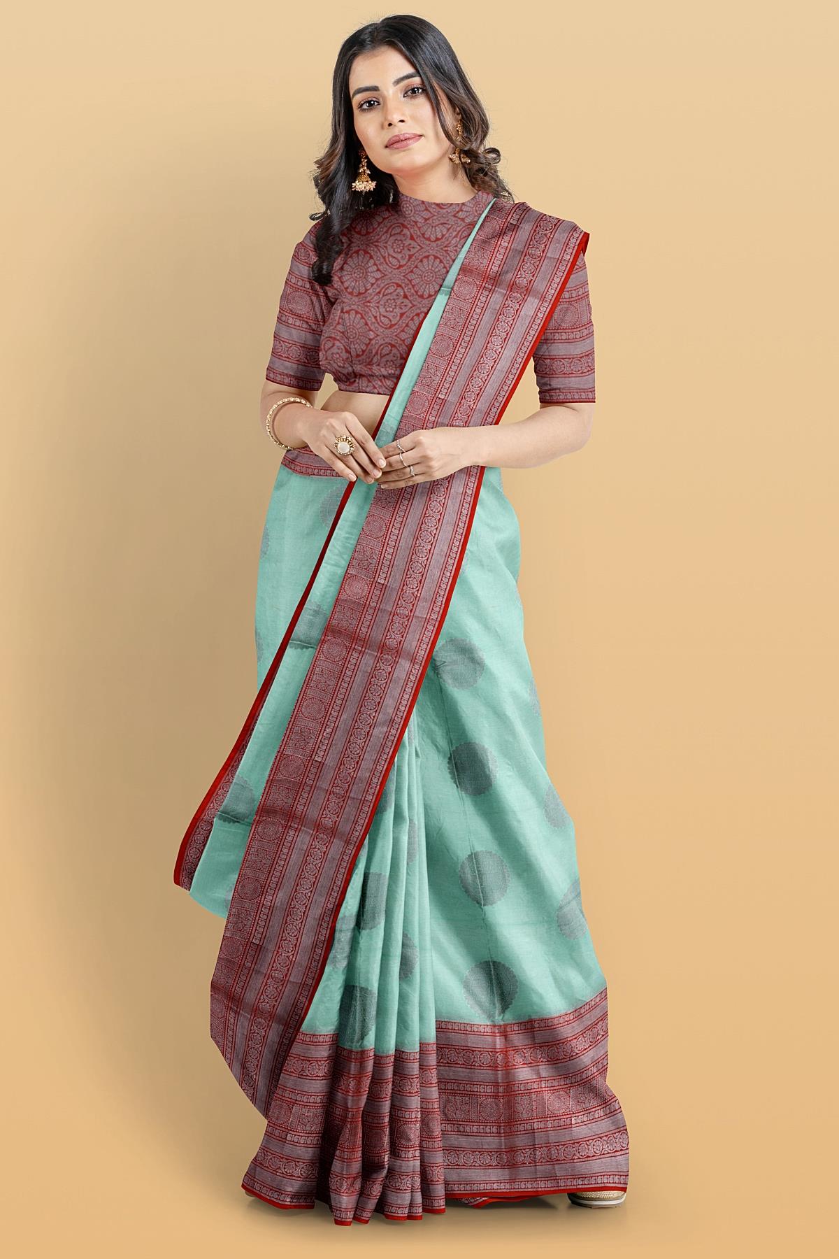 LIGHT SEA GREEN and MAROON BUTTIS VISCOSE Saree with BANARASI FANCY