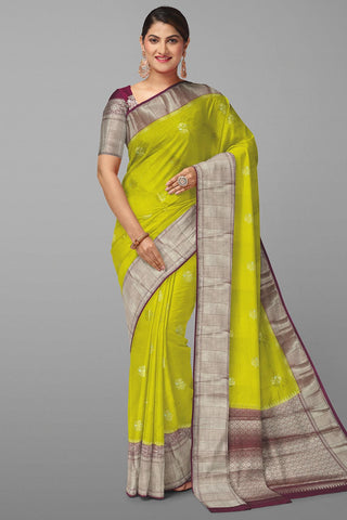 LIME GREEN and MAROON BUTTIS VISCOSE Saree with BANARASI FANCY