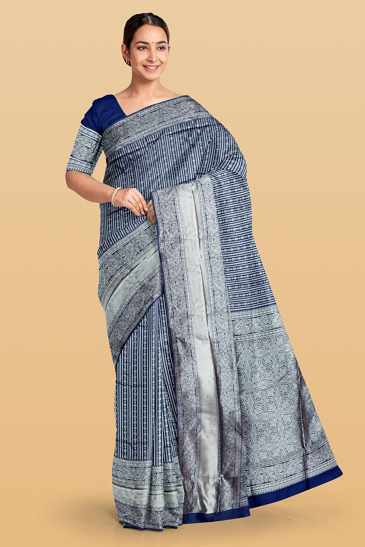 NAVY BLUE and SILVER JAAL SILK Saree with BANARASI FANCY