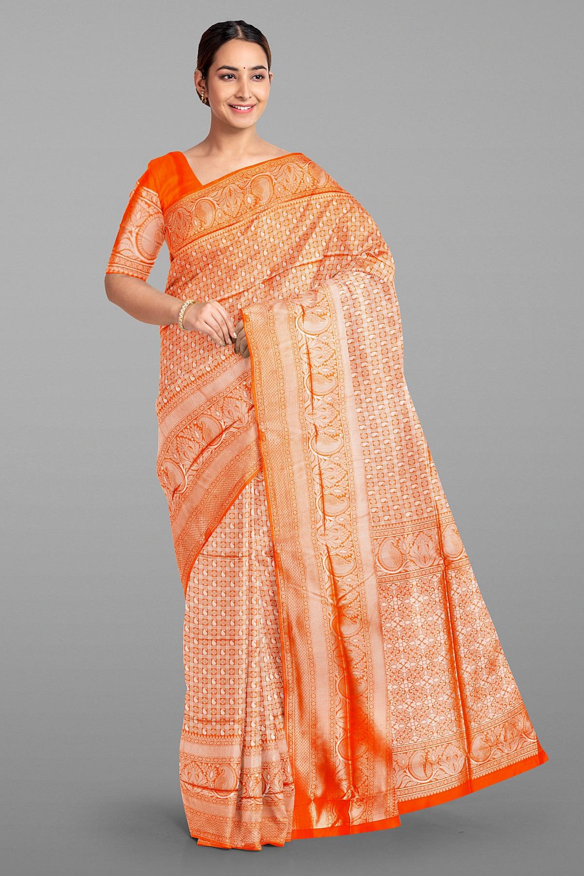 ORANGE and SILVER CHECKS AND BUTTIS SILK Saree with BANARASI FANCY