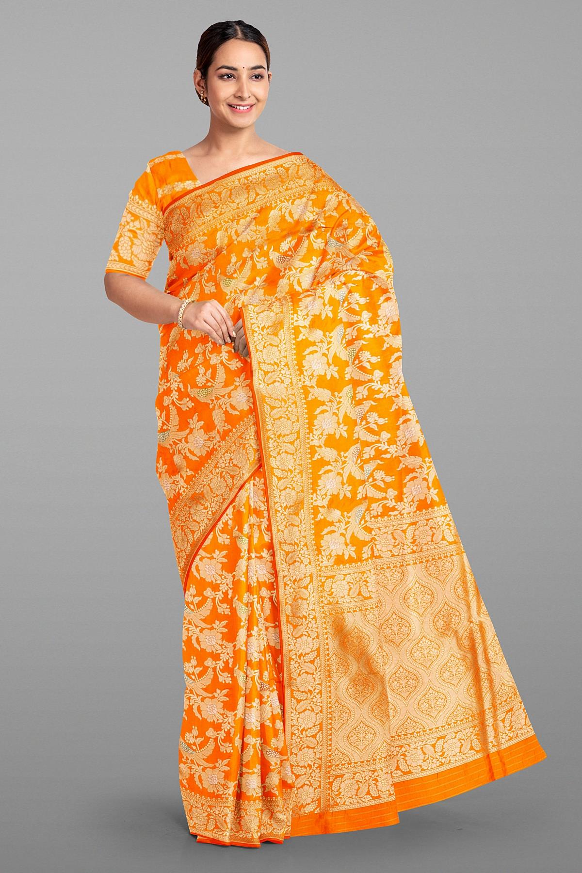 ORANGE and GOLD FLORAL JAAL SILK Saree with BANARASI