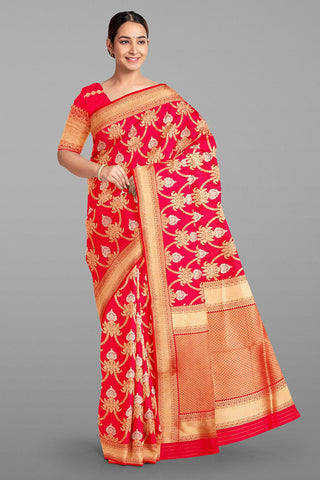 MAGENTA and GOLD FLORAL JAAL SILK Saree with BANARASI