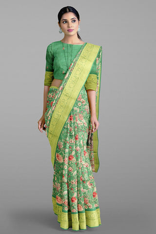 LIGHT OLIVE GREEN and MULTI FLORALS SILK Saree with FANCY