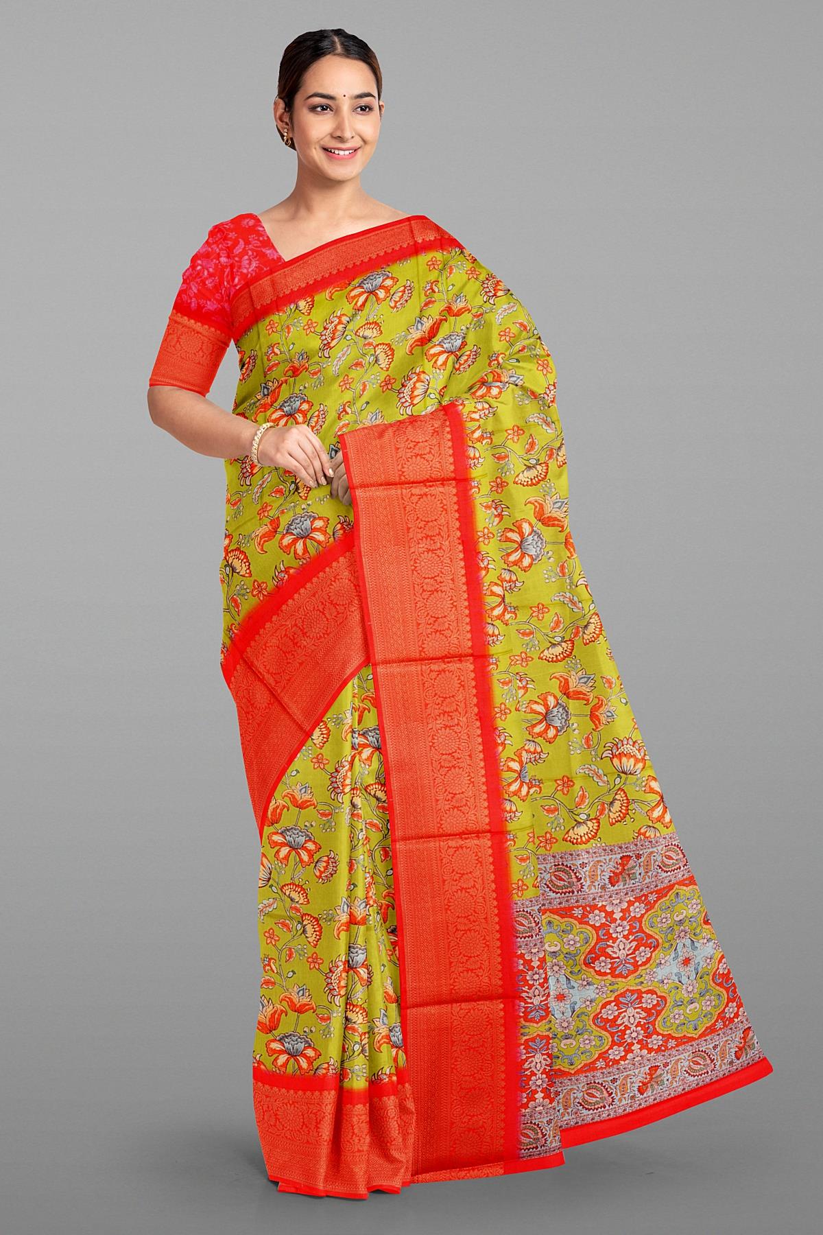 OLIVE GREEN and RED FLORALS SILK Saree with FANCY