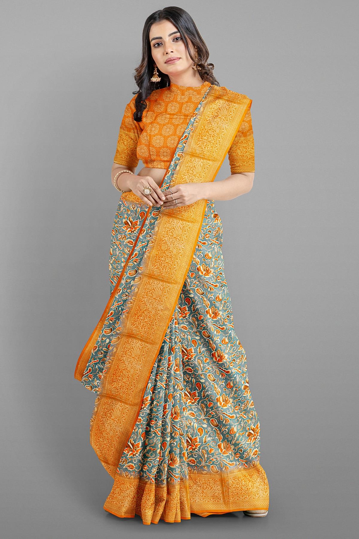 GREY and ORANGE FLORALS SILK Saree with FANCY