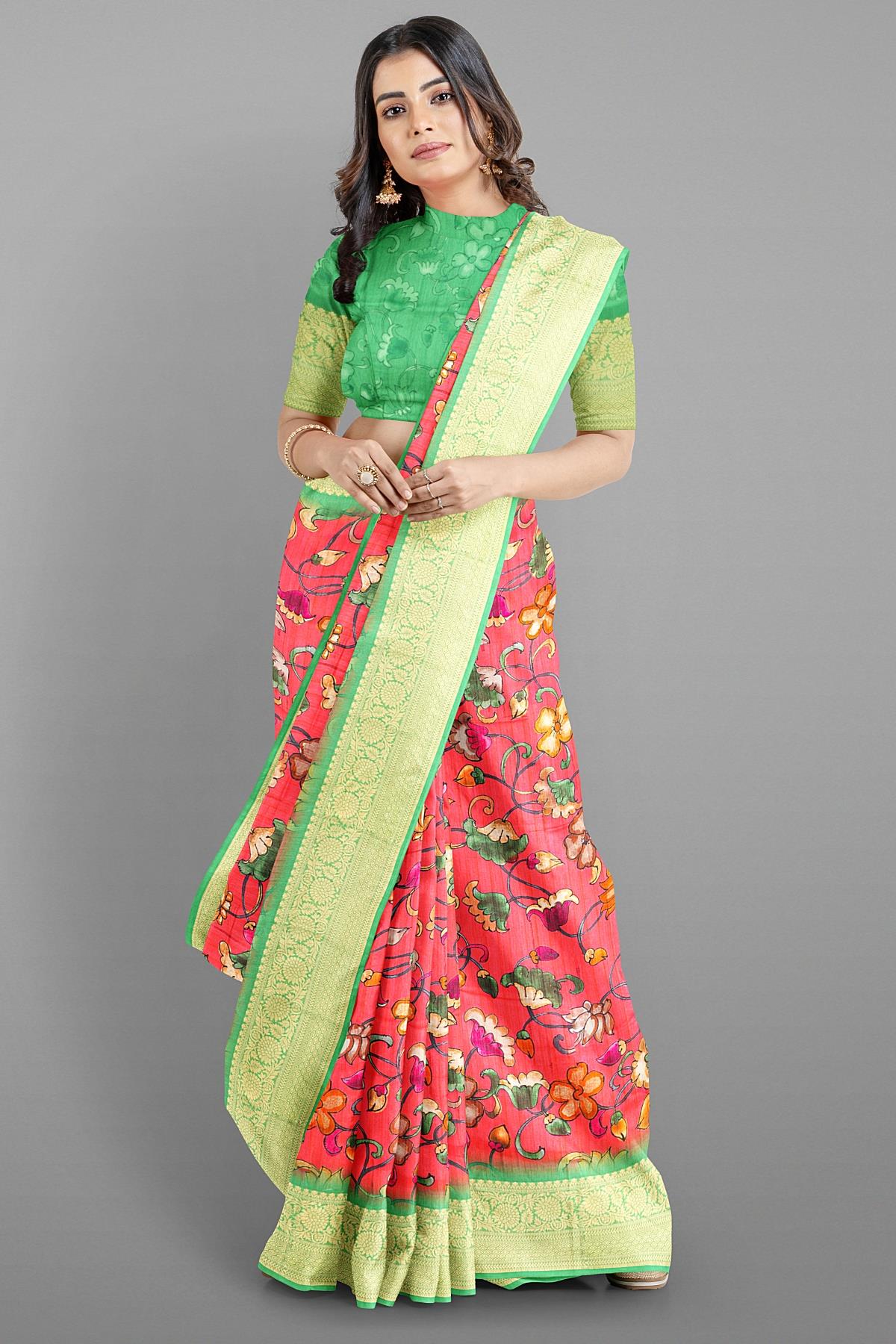 LIGHT PINK and LIGHT GREEN FLORALS SILK Saree with FANCY