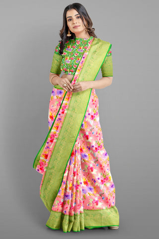 LIGHT PINK and GREEN FLORALS SILK Saree with FANCY