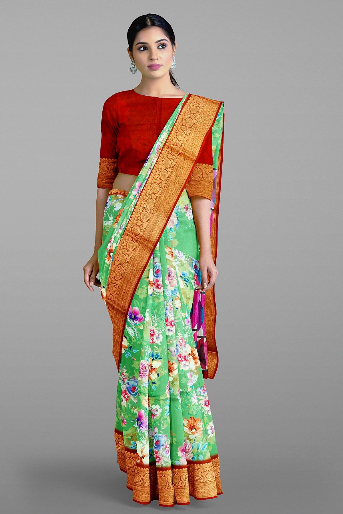 LIGHT GREEN and DARK MAROON FLORALS SILK Saree with FANCY