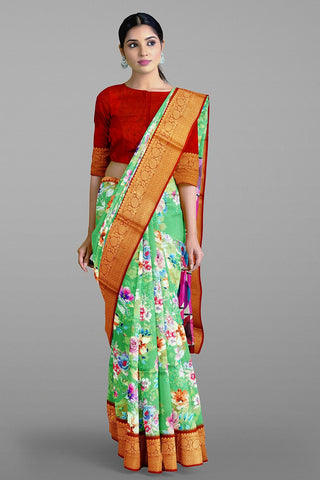 LIGHT GREEN and DARK MAROON FLORALS SILK Saree with FANCY