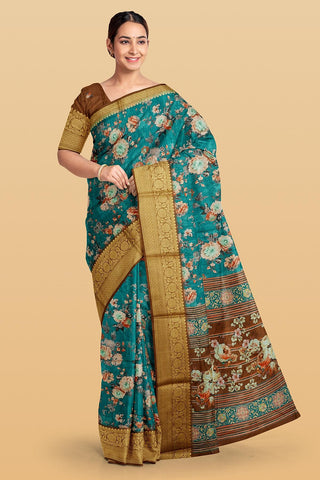 PEACOCK BLUE and BROWN FLORALS SILK Saree with FANCY