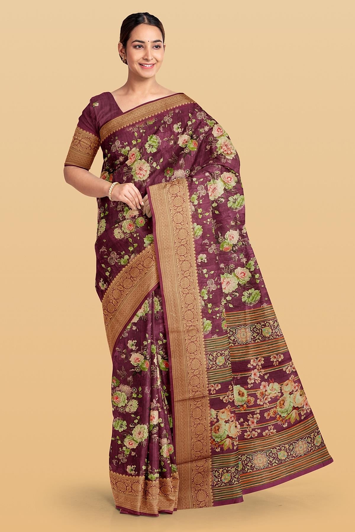 PURPLE and GOLD FLORALS SILK Saree with FANCY