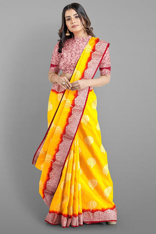 YELLOW and MAROON LEAF WEAVING SILK Saree with FANCY