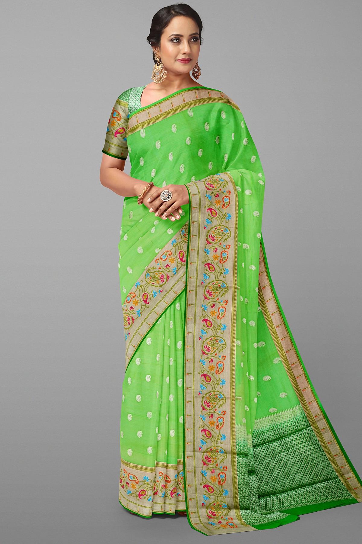 LIGHT GREEN and GREEN BUTTIS SILK Saree with FANCY