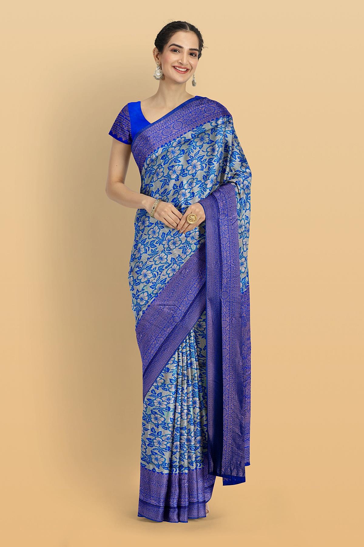 LIGHT BLUE and ROYAL BLUE FLORAL JAAL SILK Saree with FANCY