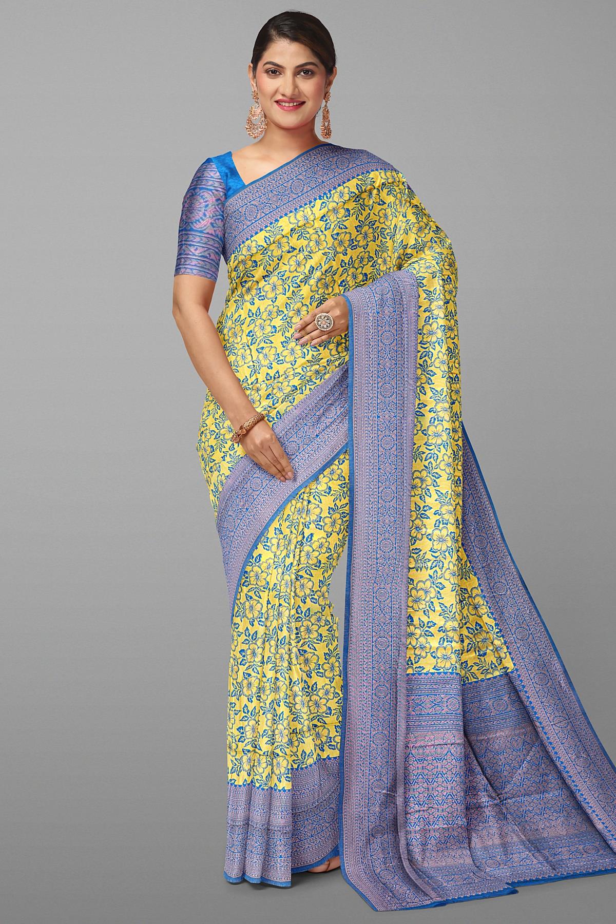 LIGHT OLIVE GREEN and DARK BLUE FLORAL JAAL SILK Saree with FANCY