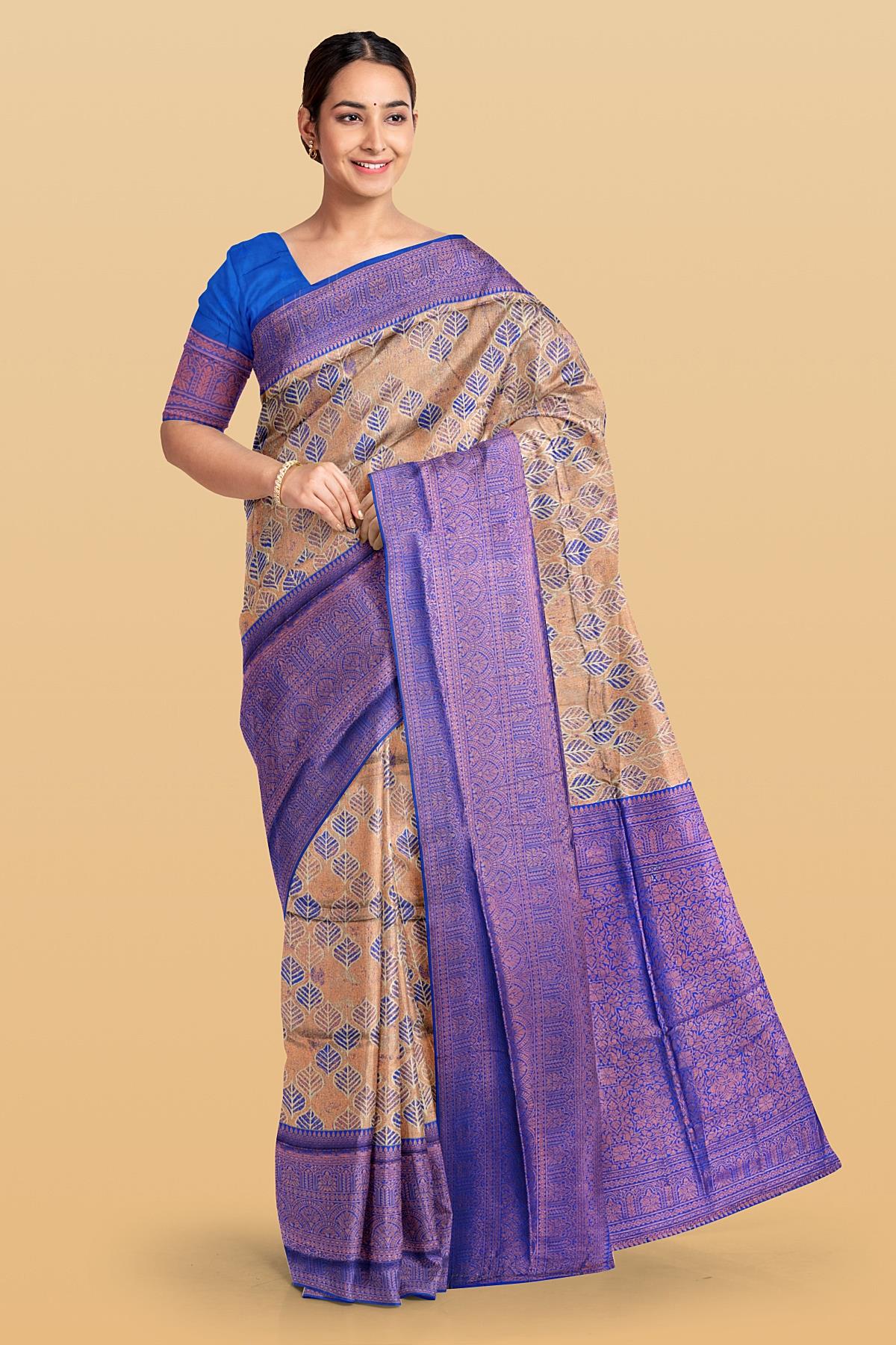 GOLD and ROYAL BLUE LEAF WEAVING SILK Saree with FANCY