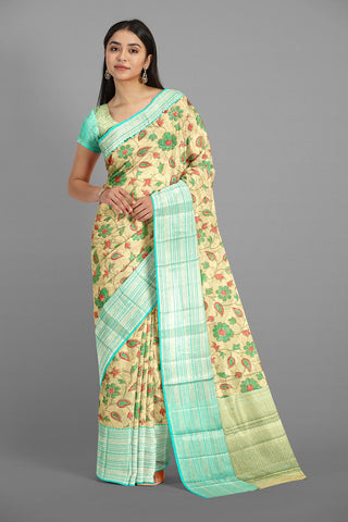 CREAM and SEA GREEN FLORALS TISSUE Saree with BANARASI FANCY