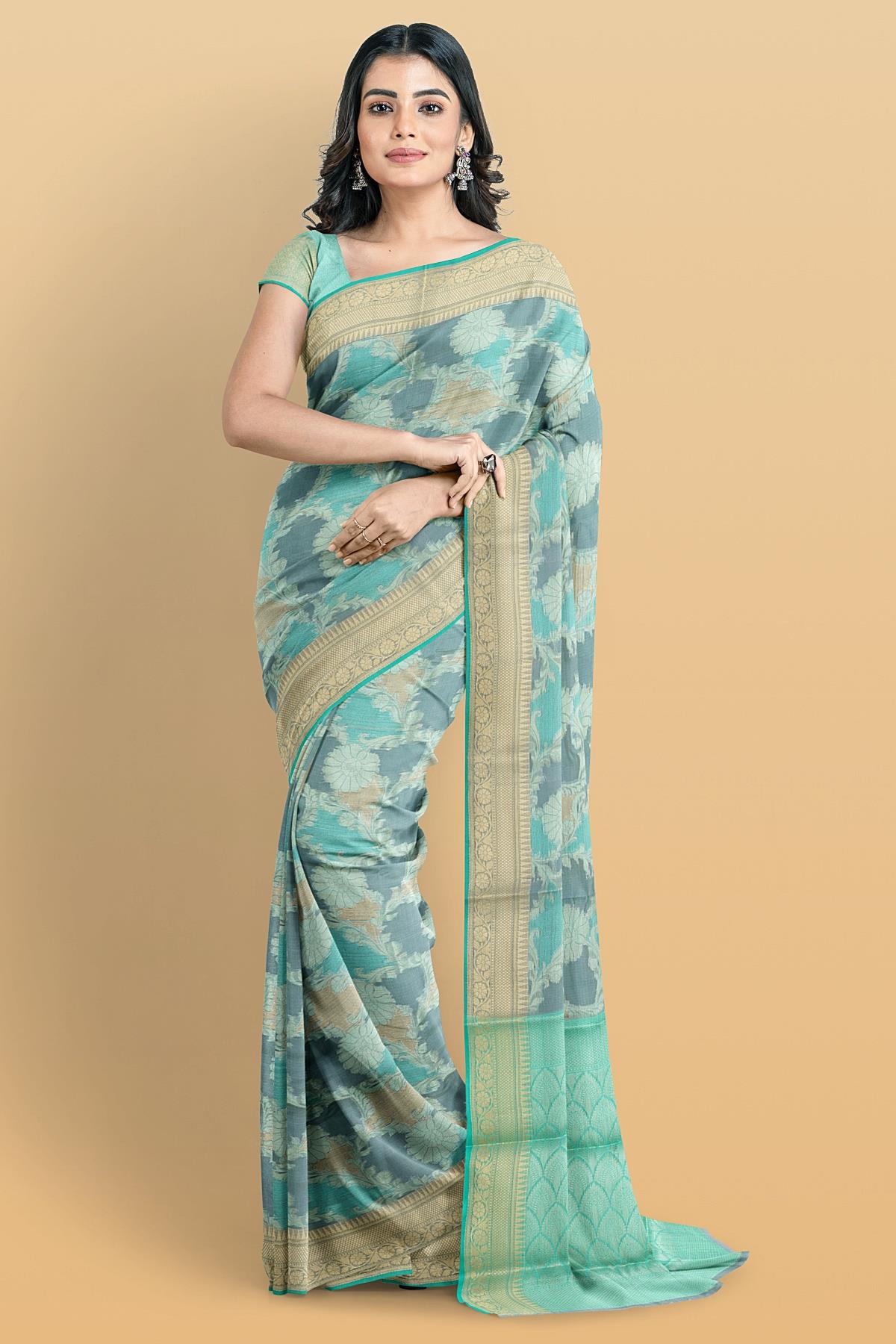 GREY and SEA GREEN FLORAL JAAL SILK Saree with FANCY