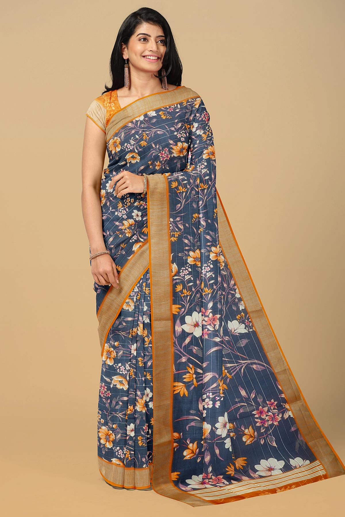 DARK SLATE GREY and MUSTARD FLORALS LINEN Saree with FANCY