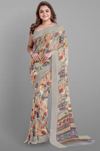 MULTI and GREY FLORALS VISCOSE GEORGETTE Saree with FANCY