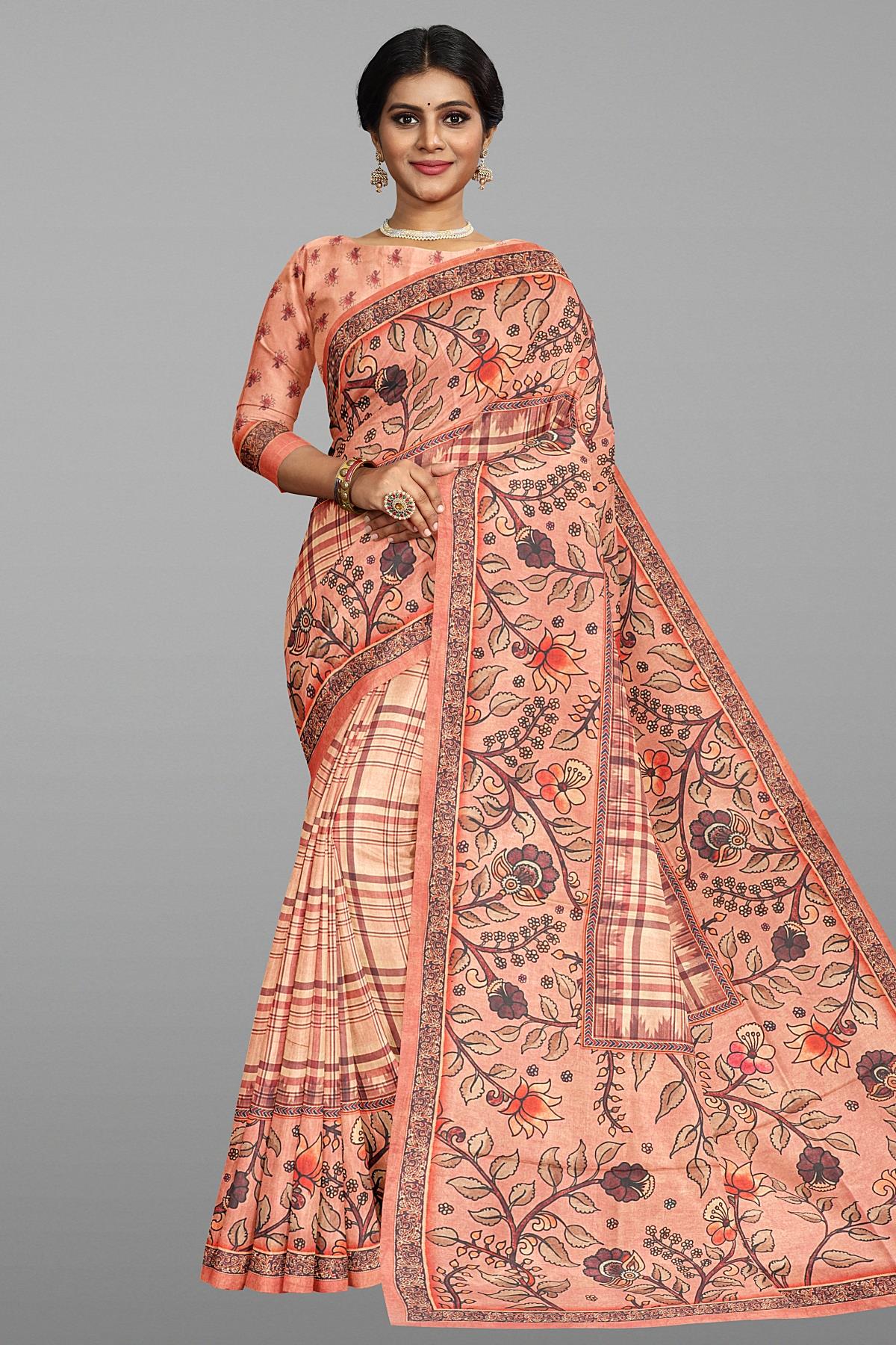 BRICK and MULTI CHECKS SILK Saree with FANCY