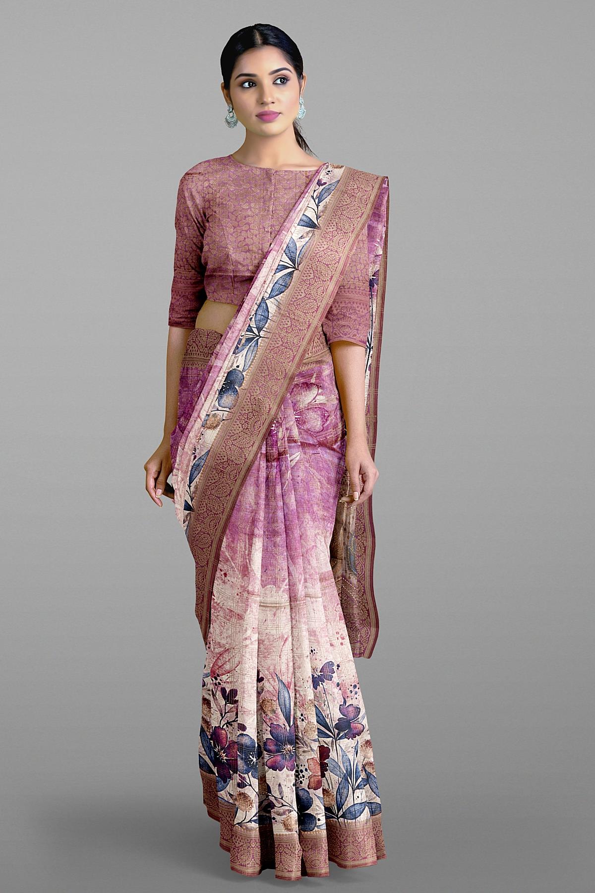 MULTI and PURPLE CHECKS & FLORALS TUSSAR SILK Saree with FANCY