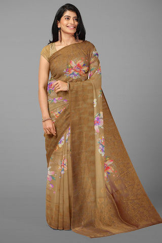 DARK BROWN and MULTI FLORALS JUTE Saree with FANCY