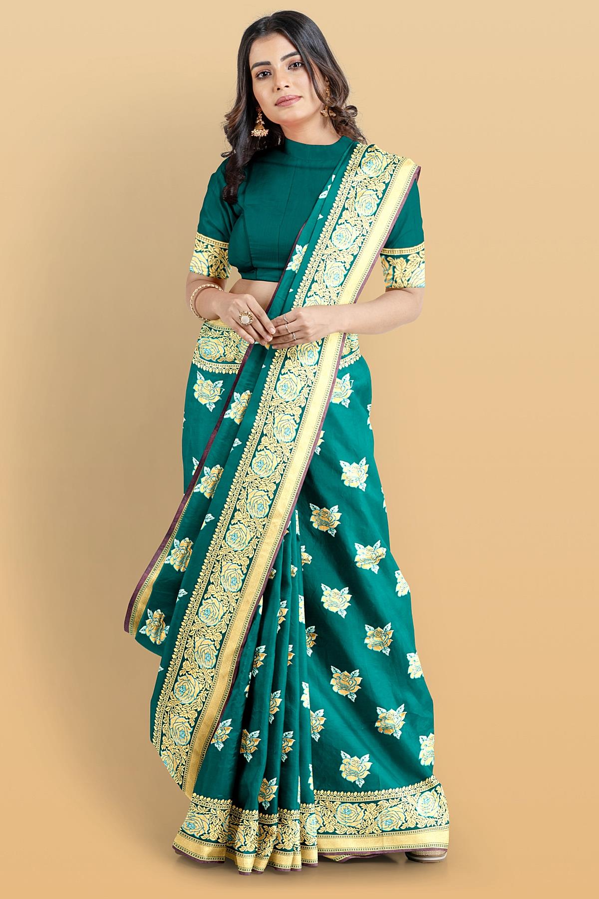 RAMA GREEN and GOLD BUTTIS SILK BLEND Saree with SEMI PATTU