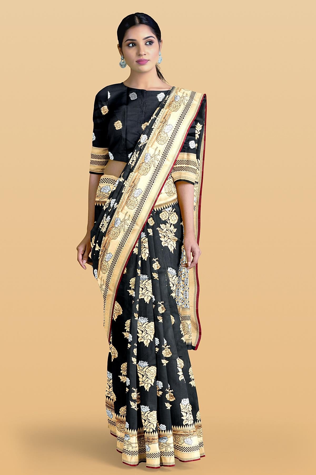 BLACK and GOLD FLORALS SILK BLEND Saree with SEMI PATTU