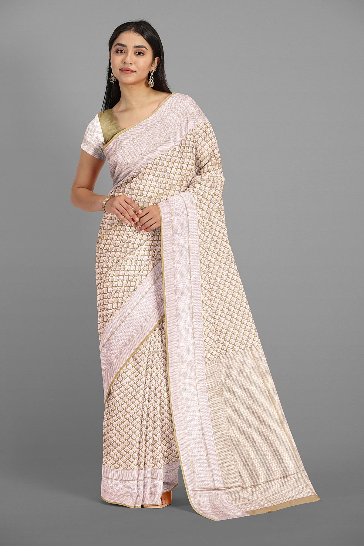 LIGHT GREY and SILVER FLORALS SILK BLEND Saree with SEMI PATTU