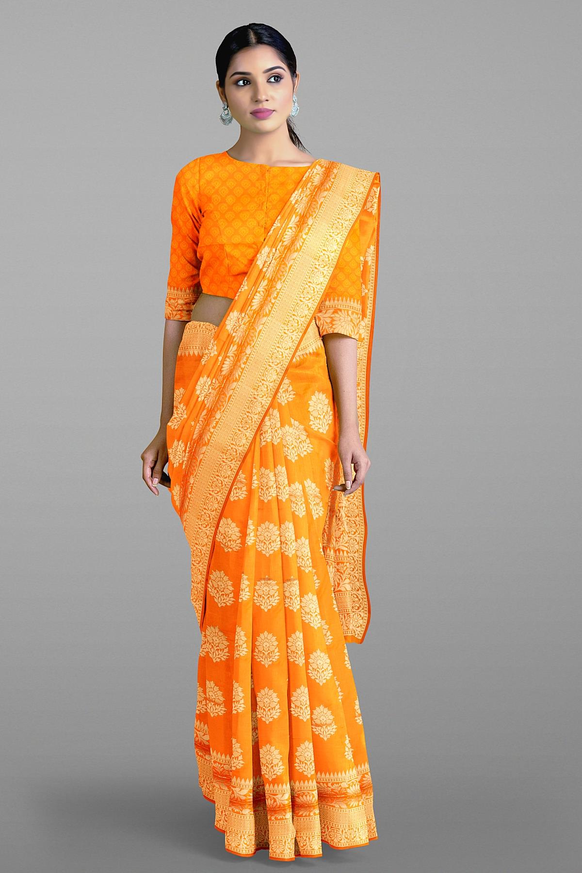 LIGHT ORANGE and GOLD BUTTIS SILK BLEND Saree with SEMI PATTU