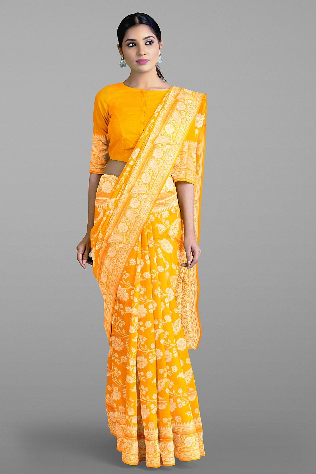 YELLOW and GOLD FLORALS SILK BLEND Saree with SEMI PATTU