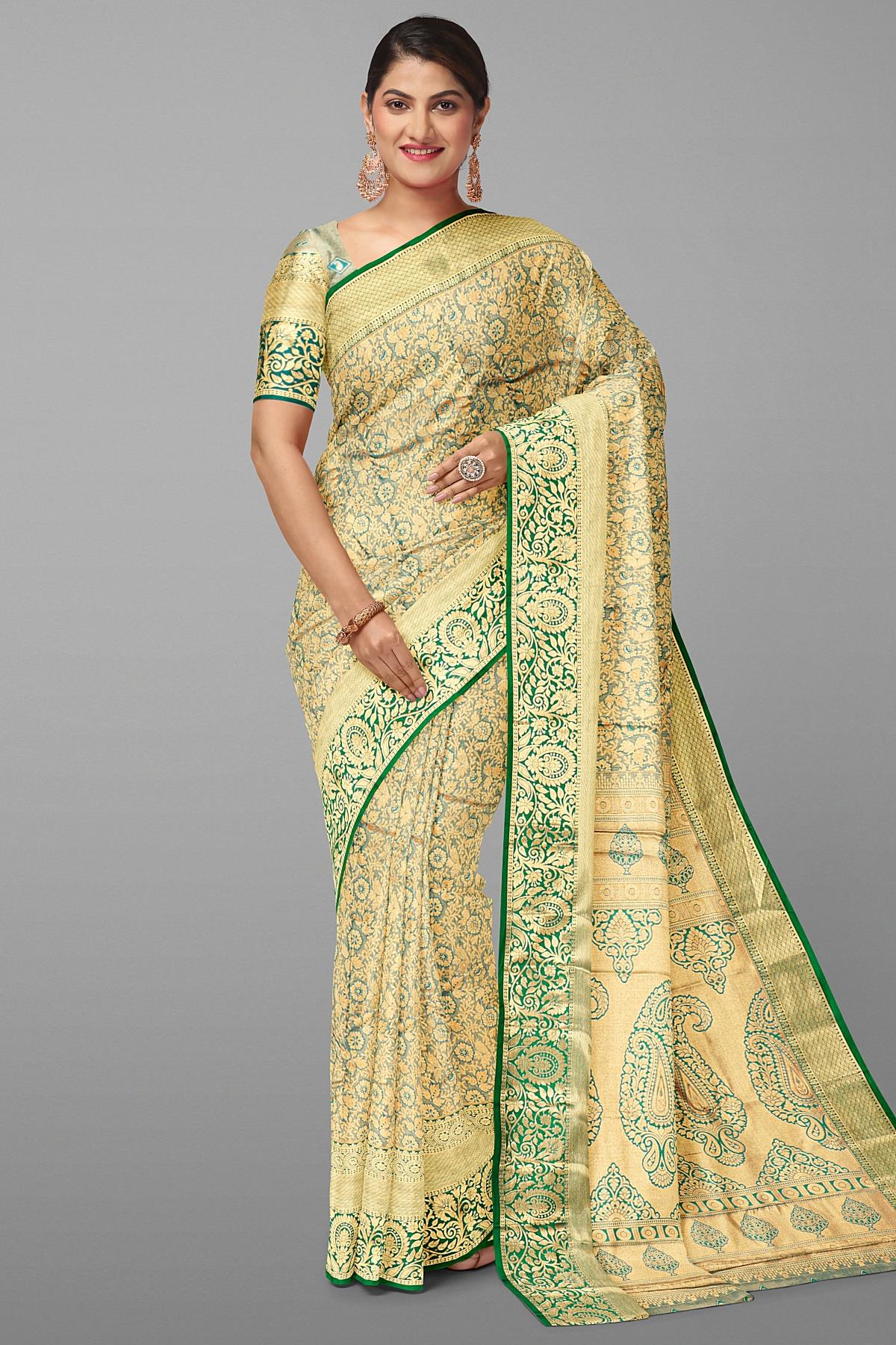 DUAL SHADE and GREEN FLORAL JAAL TISSUE SILK Saree with SEMI PATTU