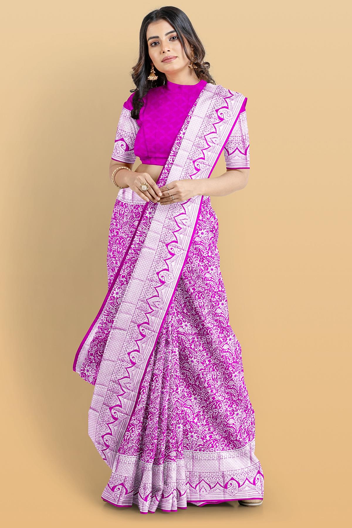 MAGENTA and SILVER FLORAL JAAL SILK BLEND Saree with SEMI PATTU