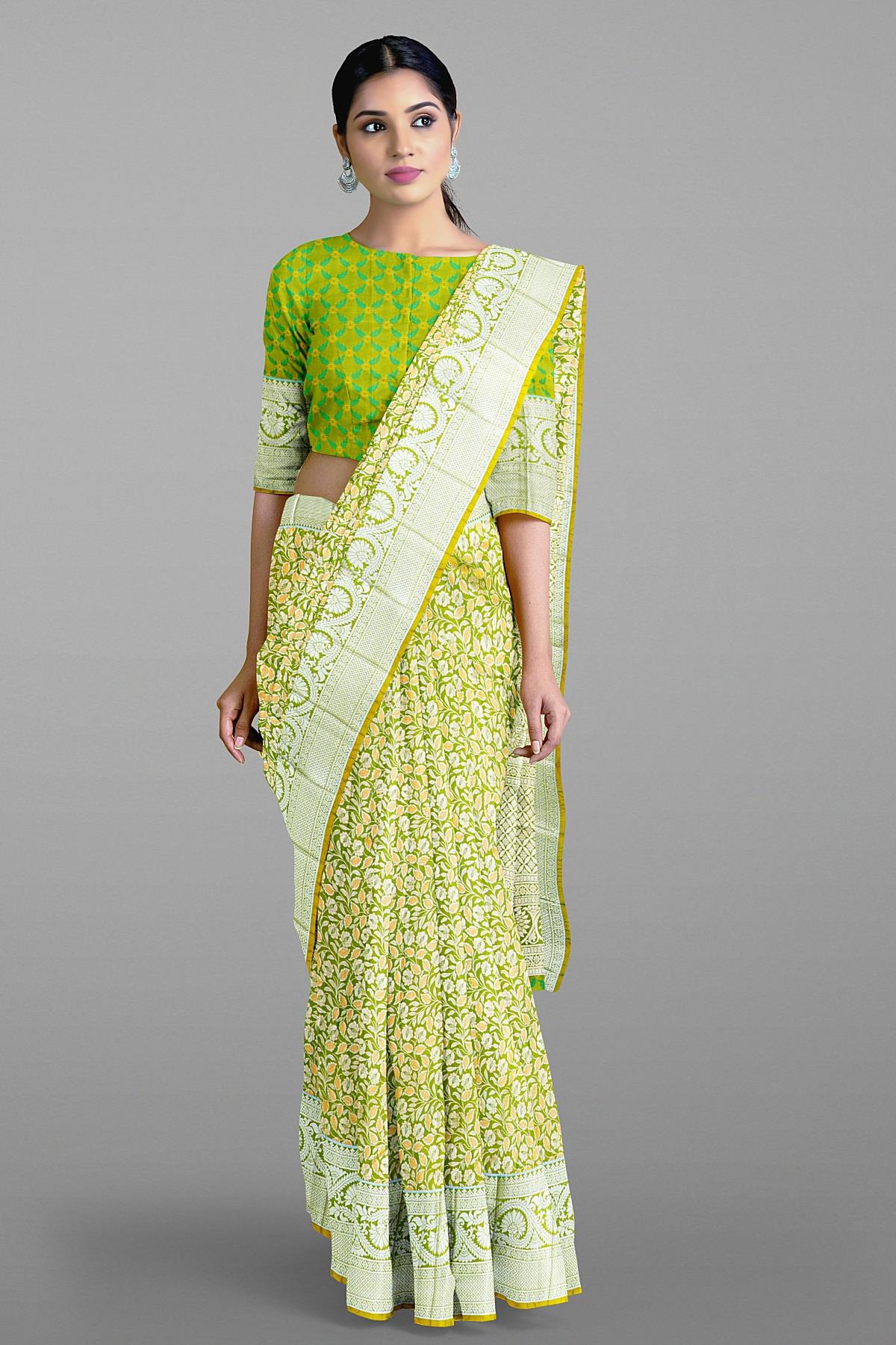 LIGHT GREEN and SILVER FLORAL JAAL SILK BLEND Saree with SEMI PATTU