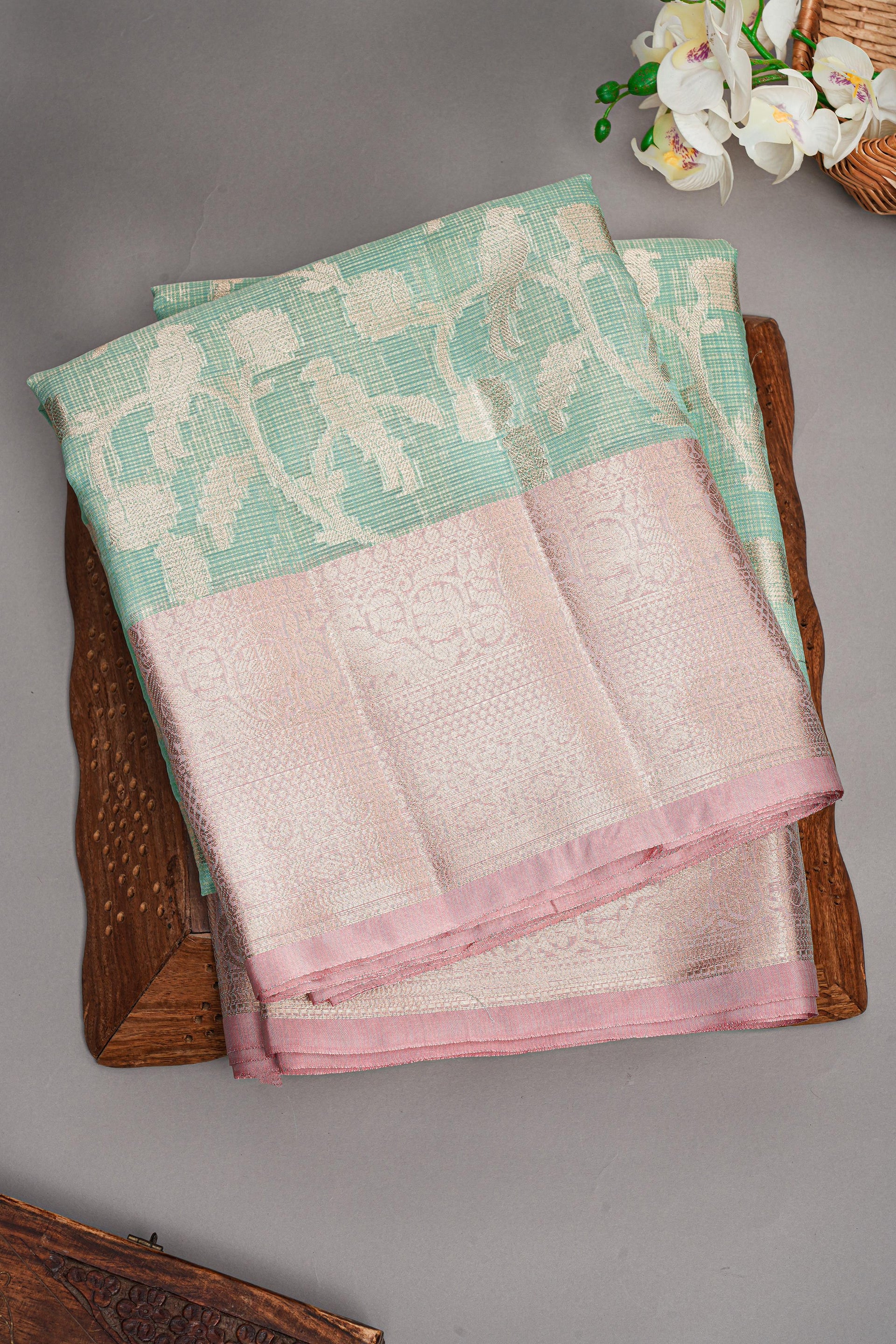 SEA GREEN and DUSTY PINK FLORAL JALL WITH FIGURES KOTA Saree with FANCY