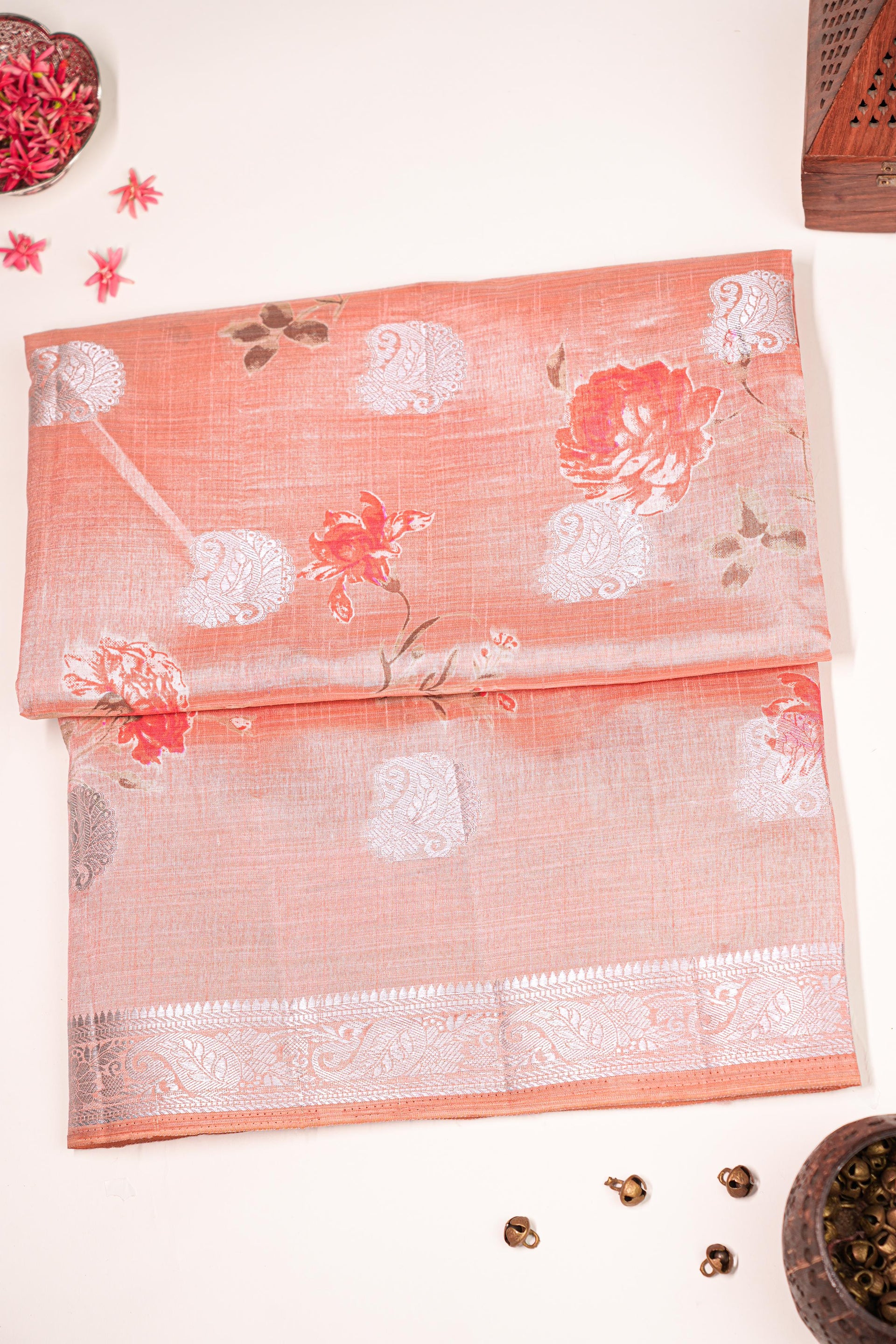 PEACH and SILVER FLORALS SILK Saree with FANCY