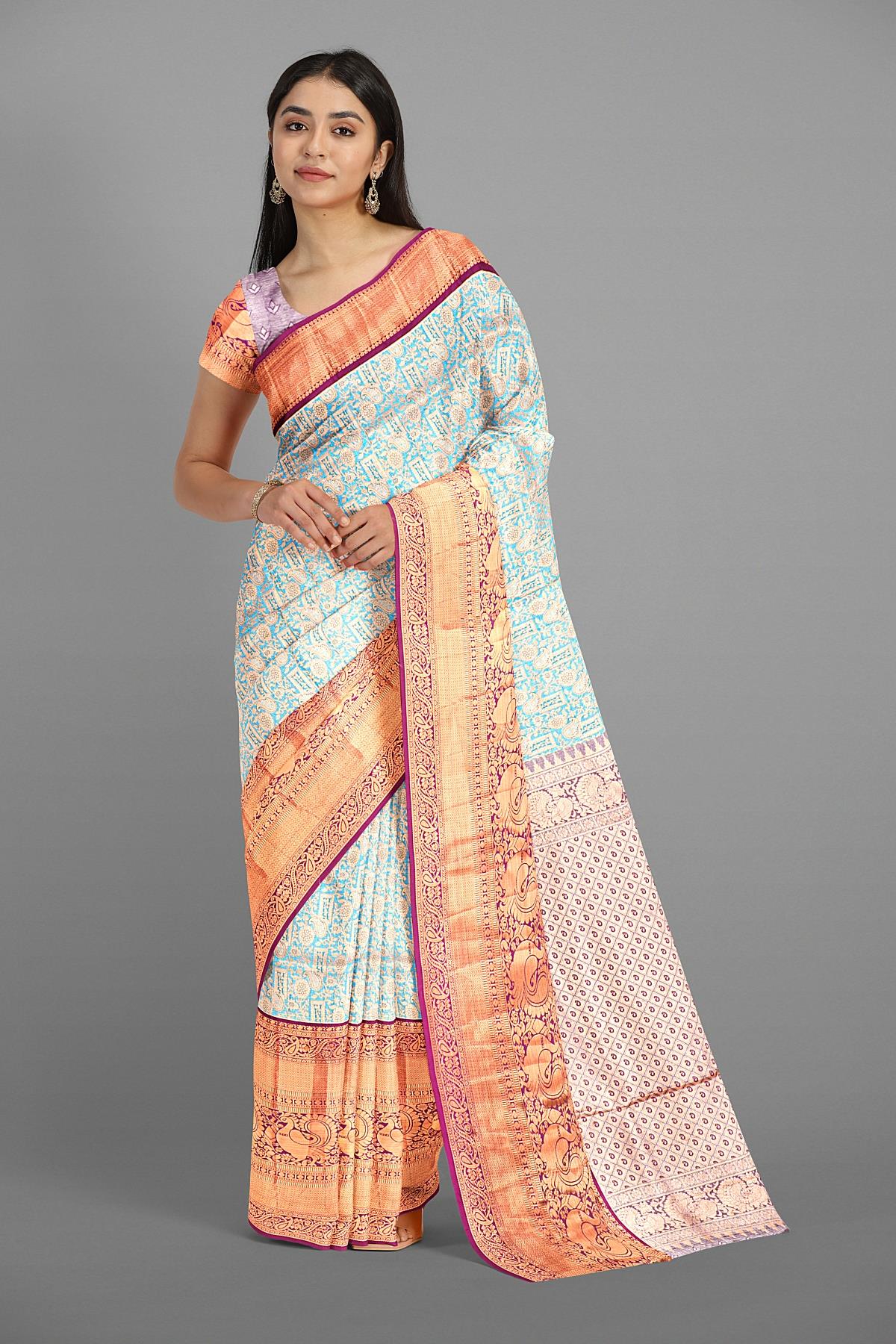 RAMA GREEN and MAGENTA FLORAL JAAL SILK BLEND Saree with SEMI PATTU