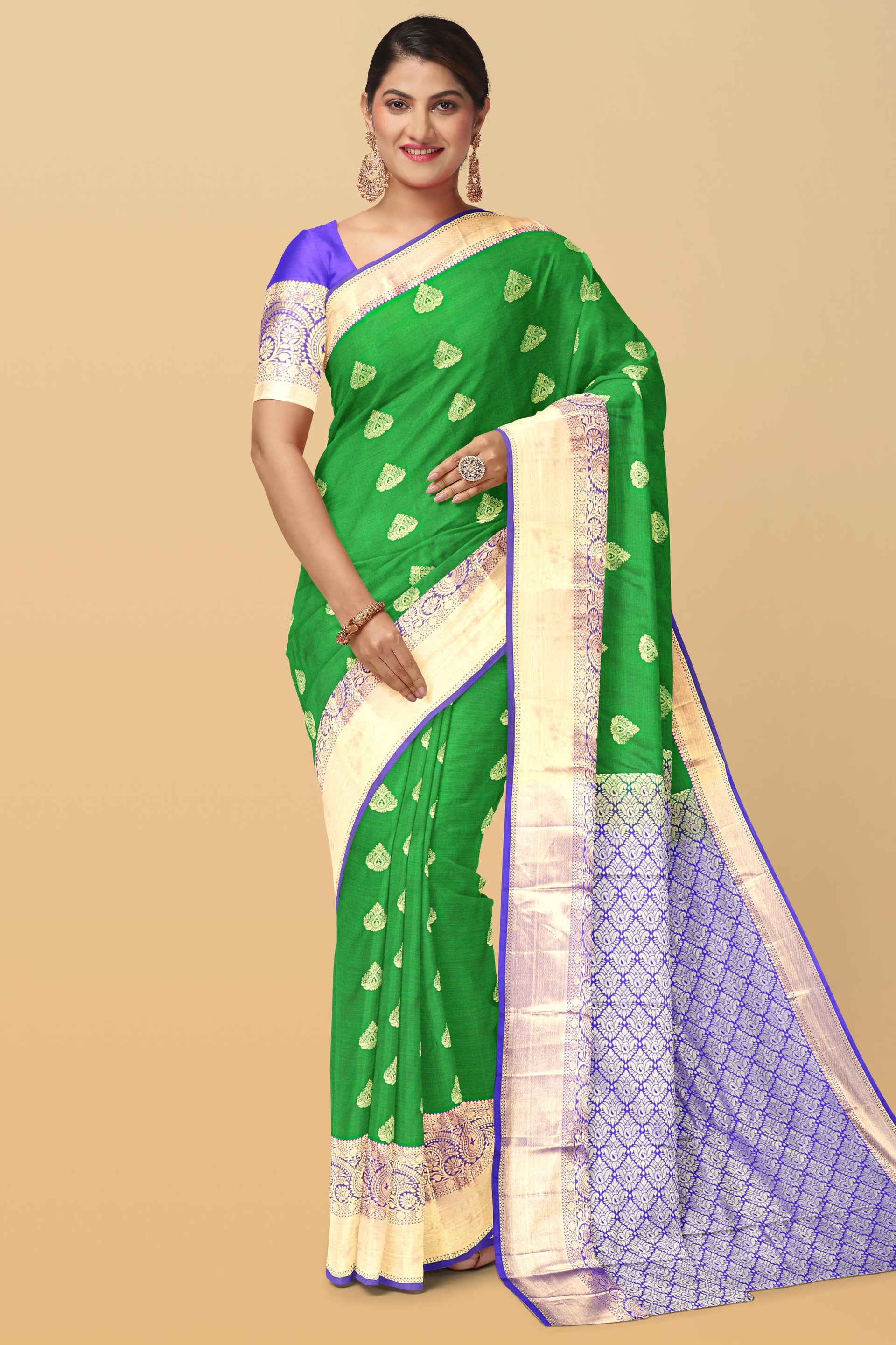 GREEN and BLUE BUTTIS SILK BLEND Saree with SEMI PATTU