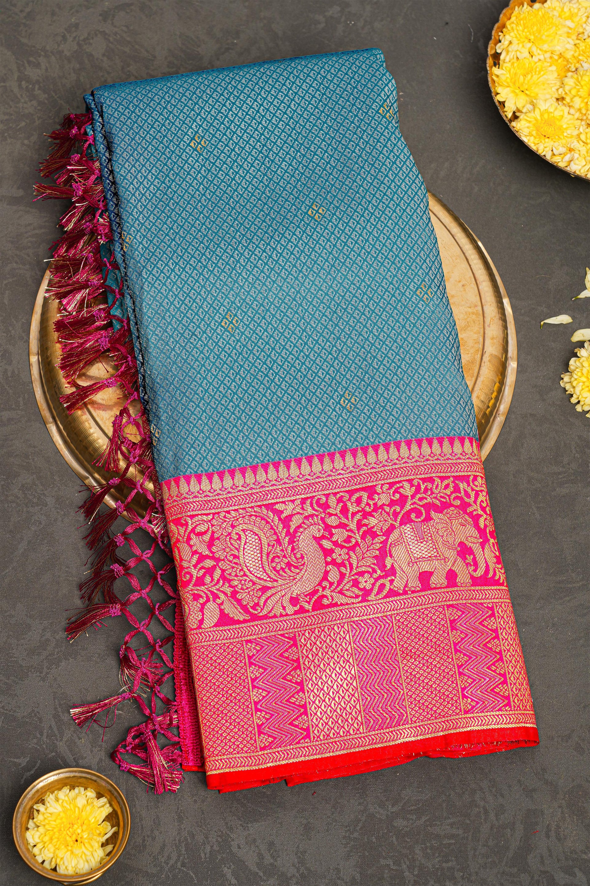 DARK BLUE and DARK PINK BROCADE SILK Saree with BANARASI FANCY