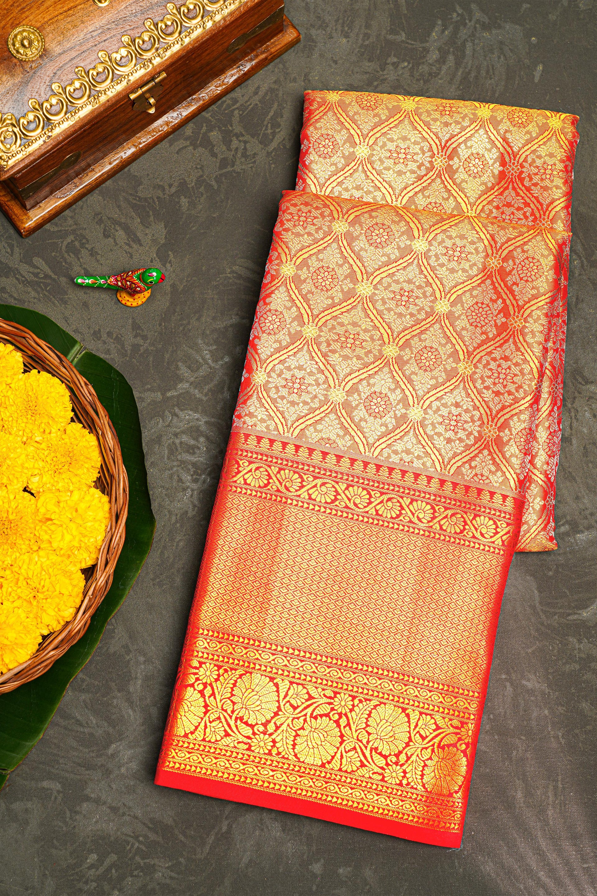 RED and GOLD FLORAL JAAL SILK Saree with KANCHIPURAM