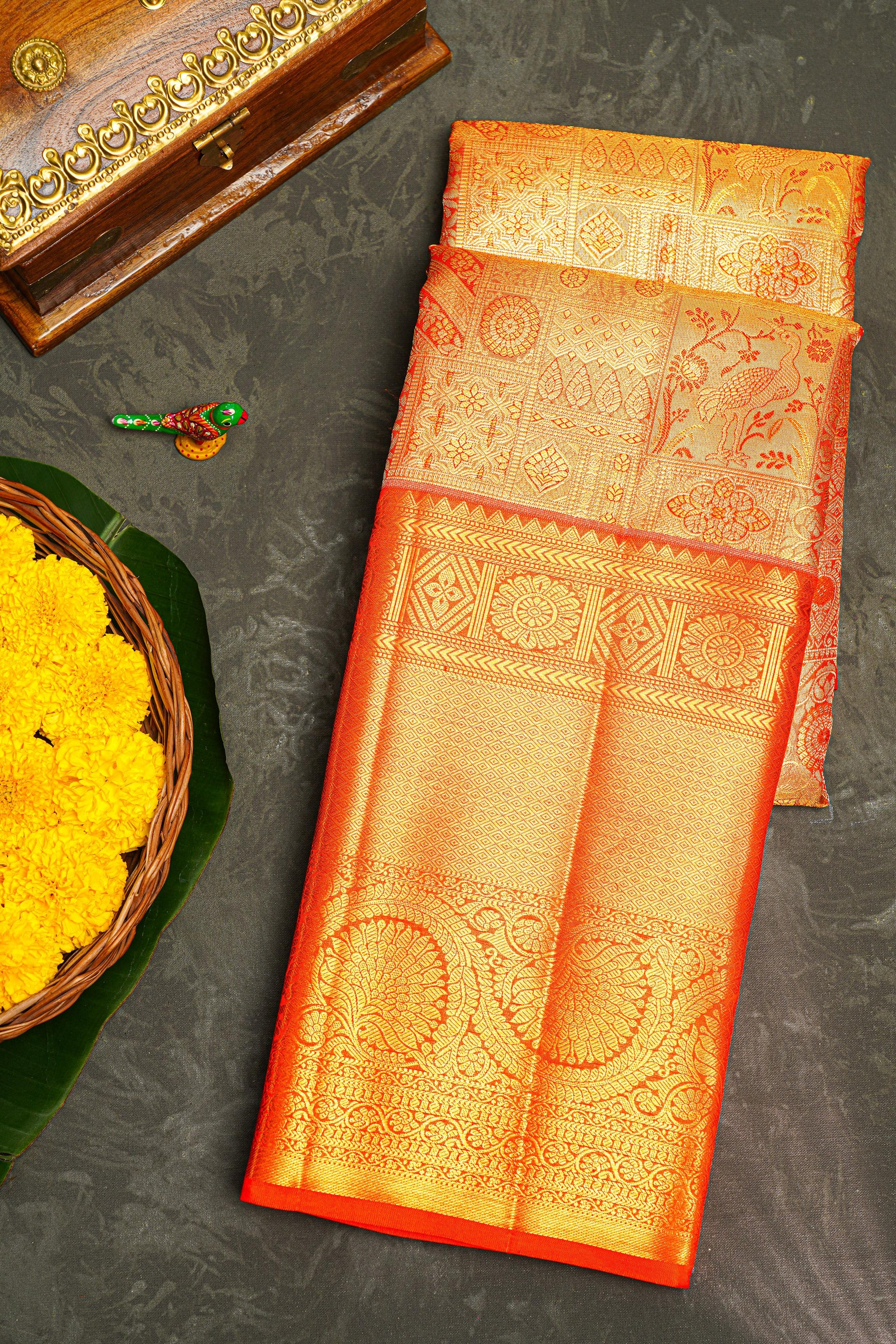 GOLD ORANGE and GOLD FLORAL JAAL SILK Saree with KANCHIPURAM