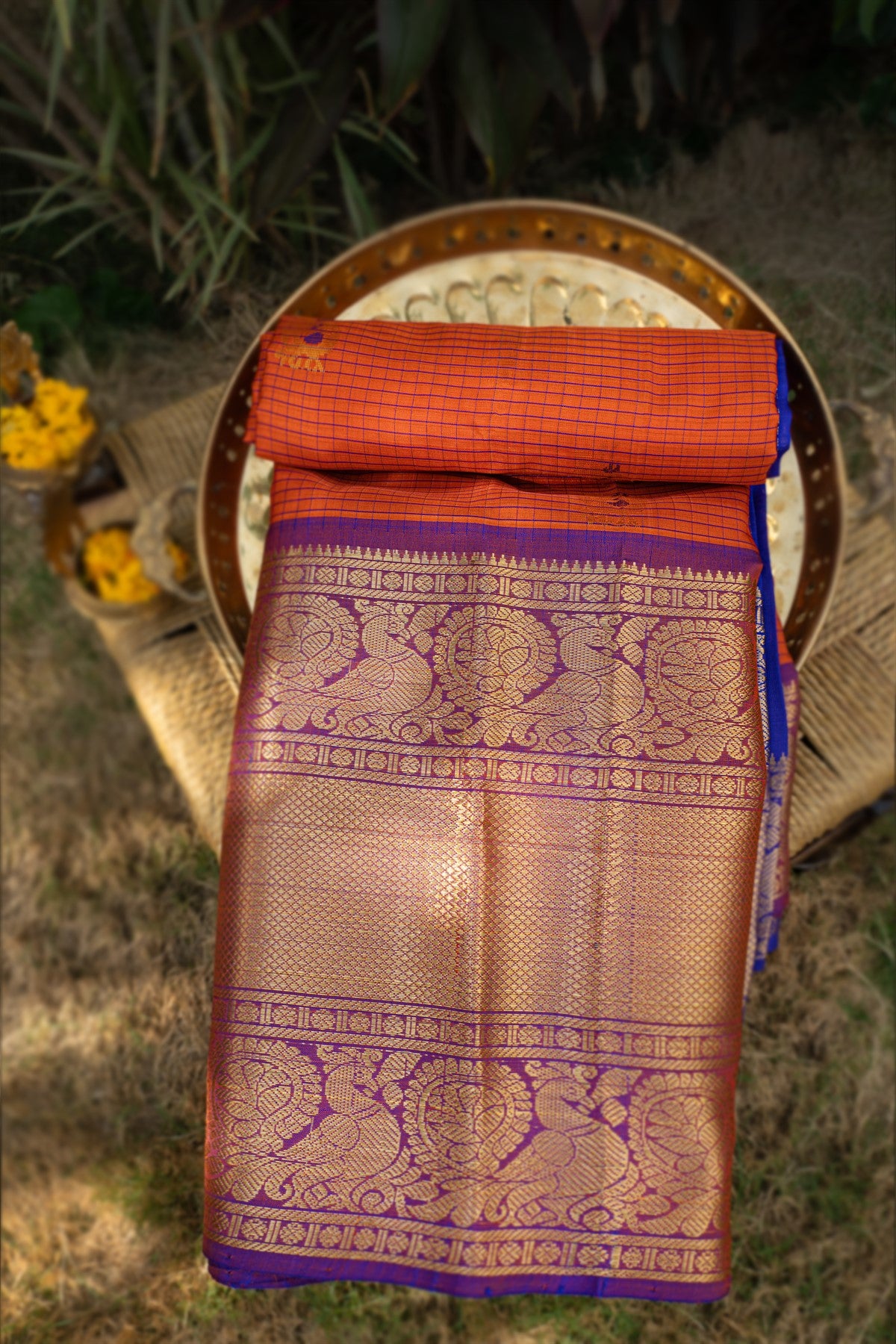 Kuppadam Silk Checks And Buttis Rust Orange Saree