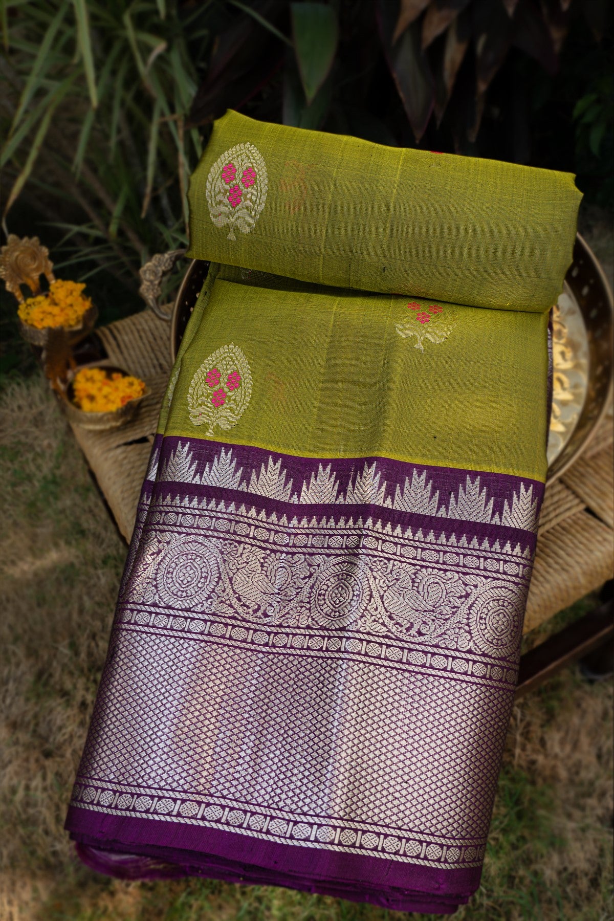 Kuppadam Silk Buttis Olive Green Saree