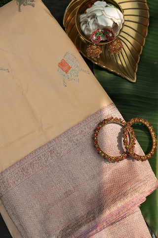 Banarasi Silk Camel Motifs Light Peach Saree