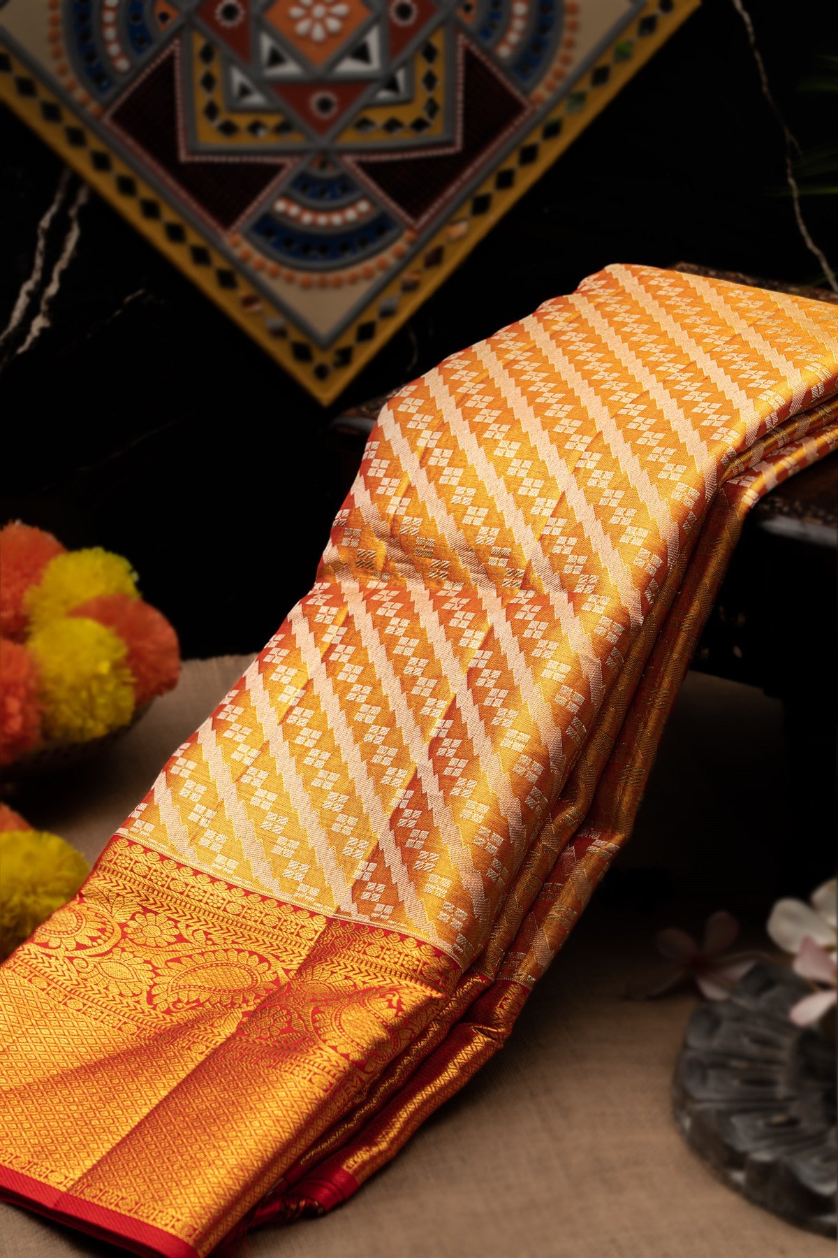 Kancheepuram Tissue Cross Lines Gold Saree