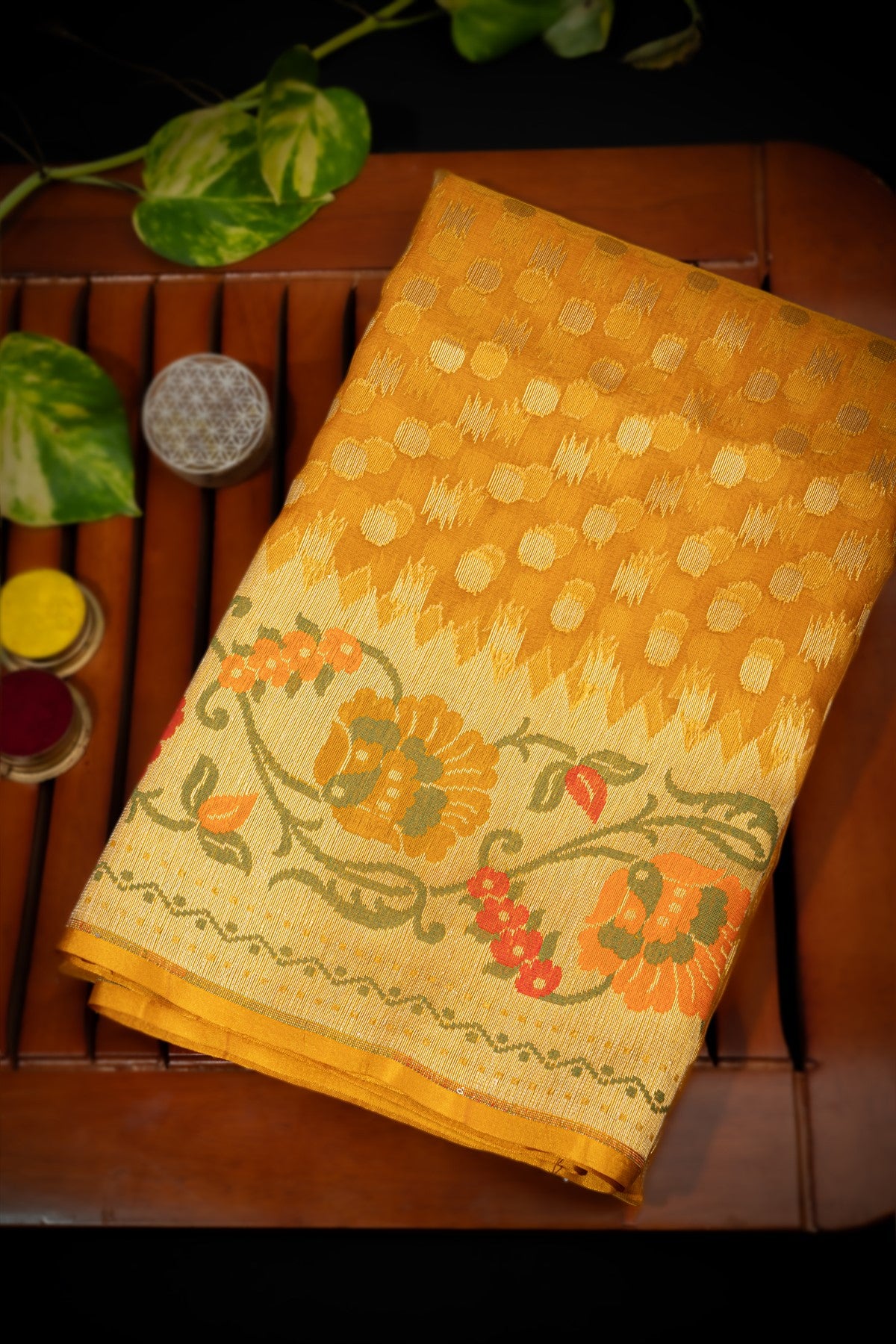 Fancy Kora Buttis Mustard Saree